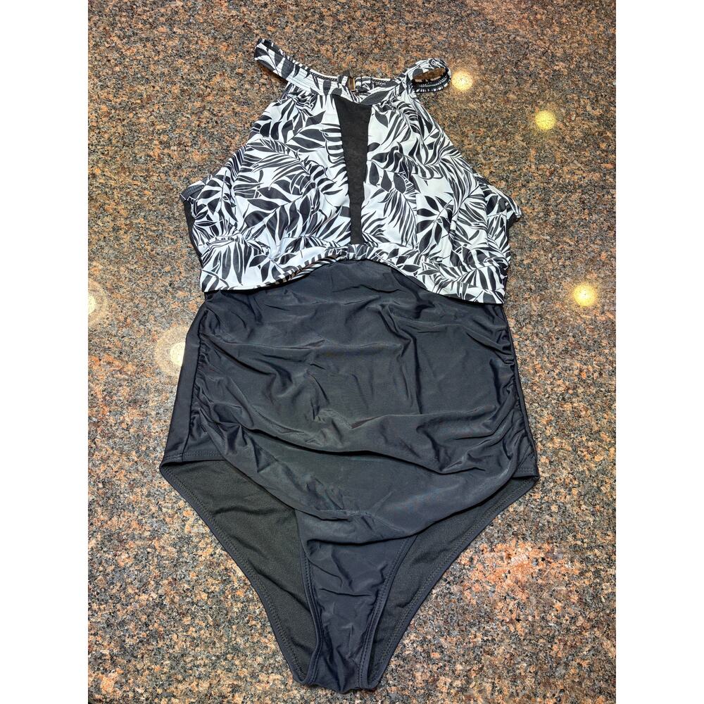 Tempt Me Black White One Piece High Neck Tummy Control Bathing Suit Size M NWT - Picture 14 of 16